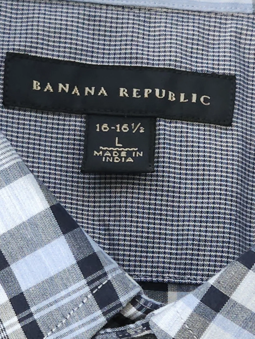 Banana Republic Men's Blue Plaid Stretch Cotton Button Down Shirt Large Old Mone